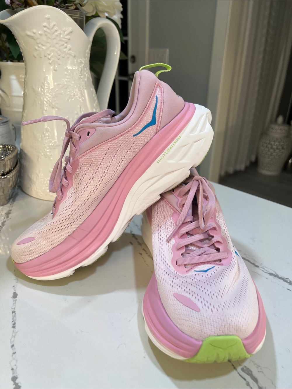 Hoka Bondi 8 Women's Pink and Neon Lime Running Shoes with Blue Logo size 8.5 - Picture 5 of 15